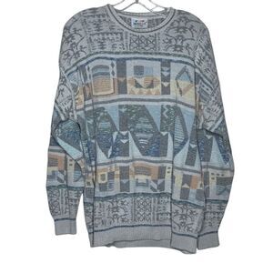 Vintage Monello Gray Long Sleeve Pullover Sweater Geometric Pattern Knitted